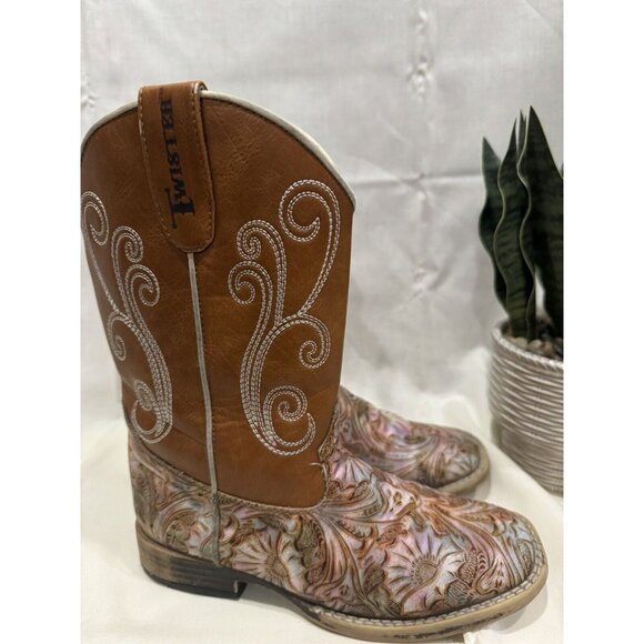TWISTER "Elizabeth" Leather Boots Girl Size 1 Brown Swirl design floral embossed - Picture 4 of 5
